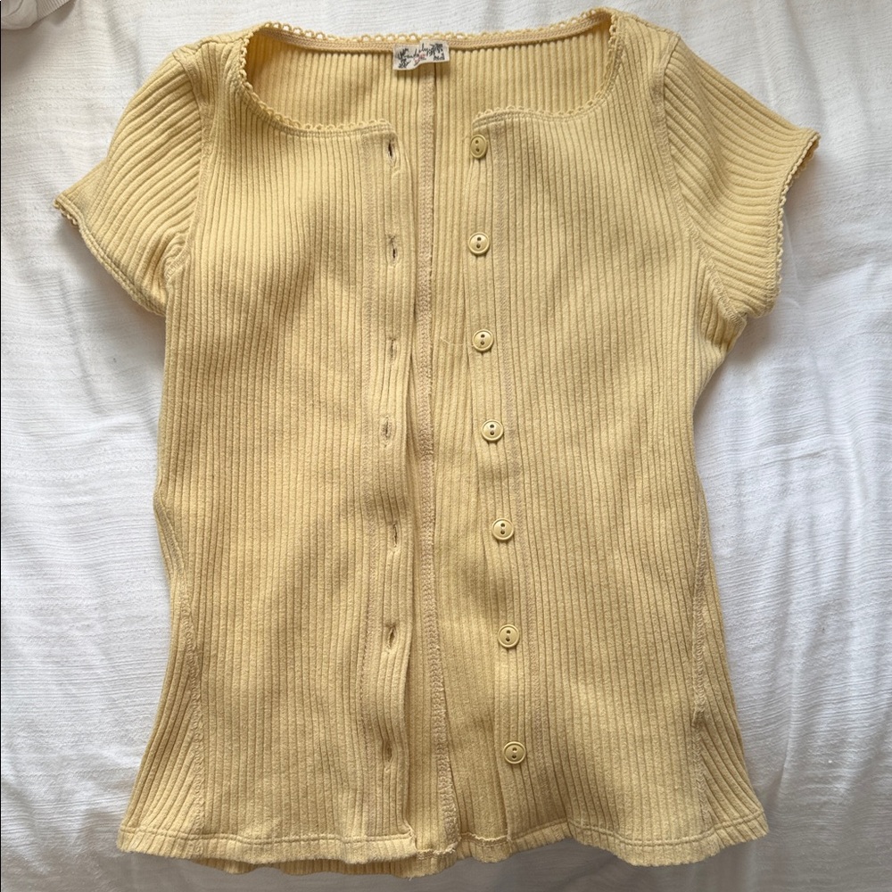 Free People Yellow Ribbed Button-Up Top